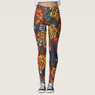 Leggings Hojas exóticas sobre el denim, impresión perfecta.