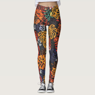 Leggings Hojas exóticas sobre el denim, impresión perfecta.