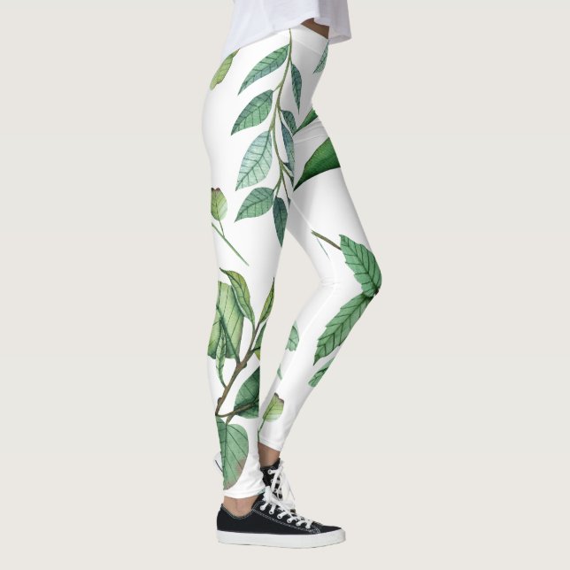 Leggings hojas florales patrón mujeres verdes blancas chica (Derecha)