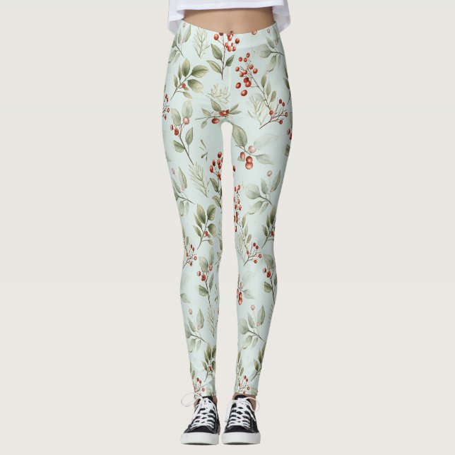 Leggings Hojas Holly y Berries rojas (Anverso)