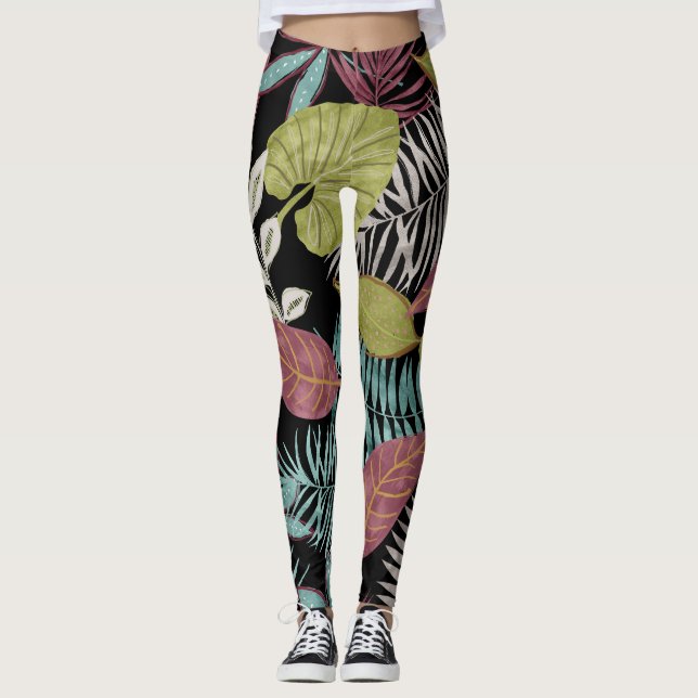 Leggings Hojas oscuras tropicales: Diseño de patrones texti (Anverso)