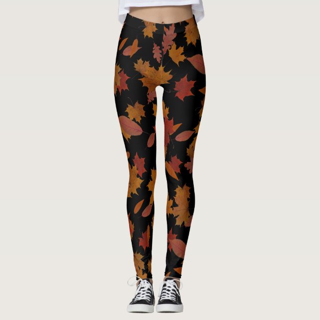 Leggings Hojas que caen del otoño en negro de encargo (Anverso)
