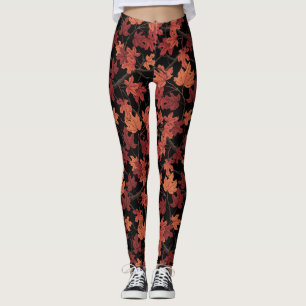 Leggings Hojas rojas de arce de otoño sobre negro