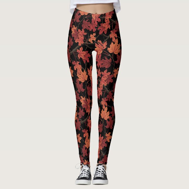 Leggings Hojas rojas de arce de otoño sobre negro (Anverso)
