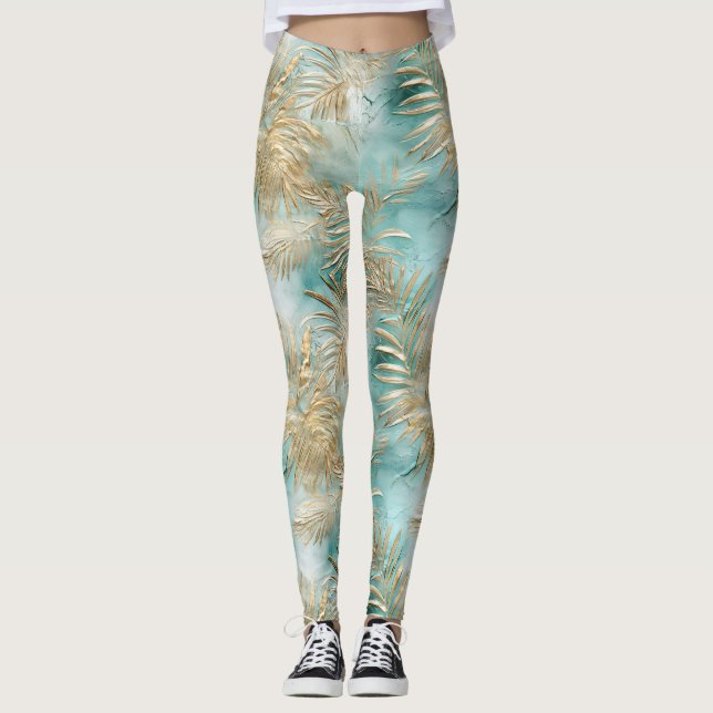 Leggings Hojas tropicales blancas de oro Aqua (Anverso)