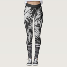 Leggings Hojas tropicales blancas y negras purpurina y cita