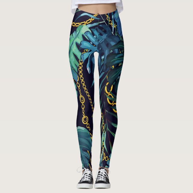 Leggings Hojas tropicales, cadenas de oro, sin costuras. (Anverso)