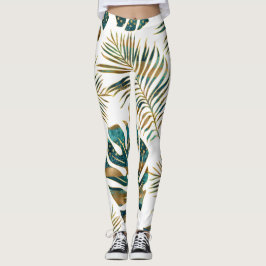 Leggings Hojas tropicales con estampado verde azulado y dor