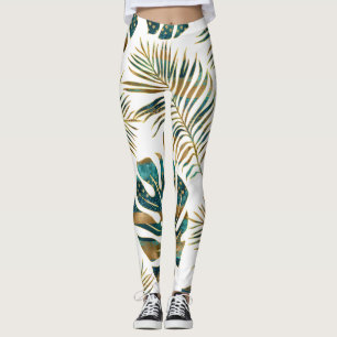 Leggings Hojas tropicales con estampado verde azulado y dor
