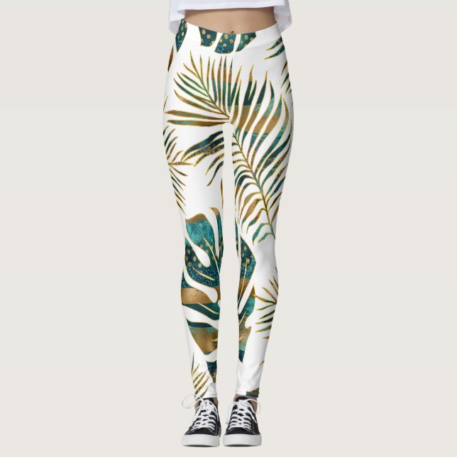 Leggings Hojas tropicales con estampado verde azulado y dor (Anverso)