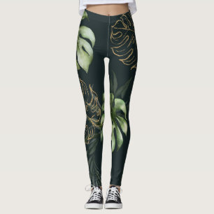Leggings Hojas tropicales de oro: acuarela oscura