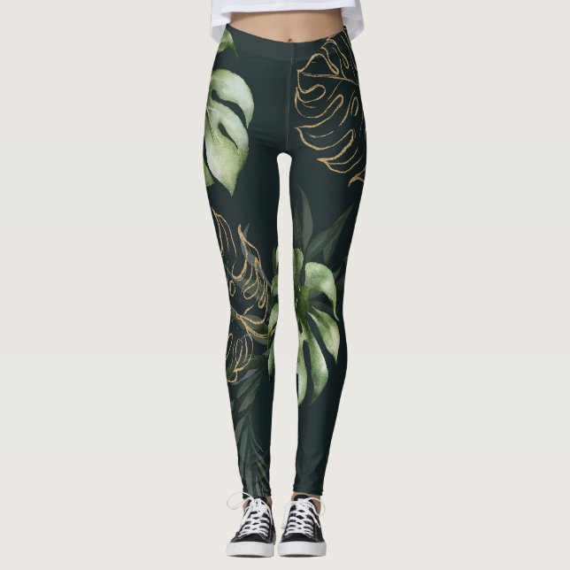 Leggings Hojas tropicales de oro: acuarela oscura (Anverso)