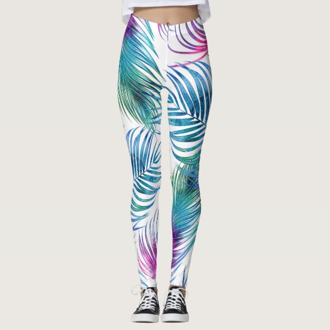 Leggings Hojas tropicales de palma, acuarela floral. (Anverso)