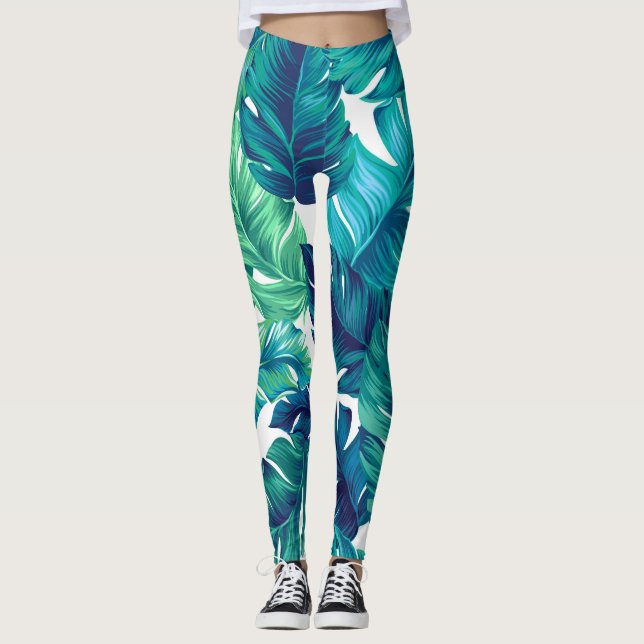 Leggings Hojas tropicales, diseño gráfico, palmas realistas (Anverso)