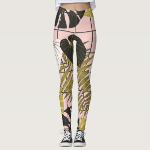 Leggings Hojas tropicales, flores, patrón pintado a mano.