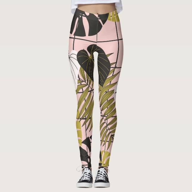 Leggings Hojas tropicales, flores, patrón pintado a mano. (Anverso)
