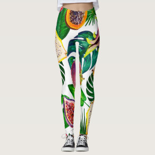 Leggings Hojas tropicales, frutas, gouache sin costura.