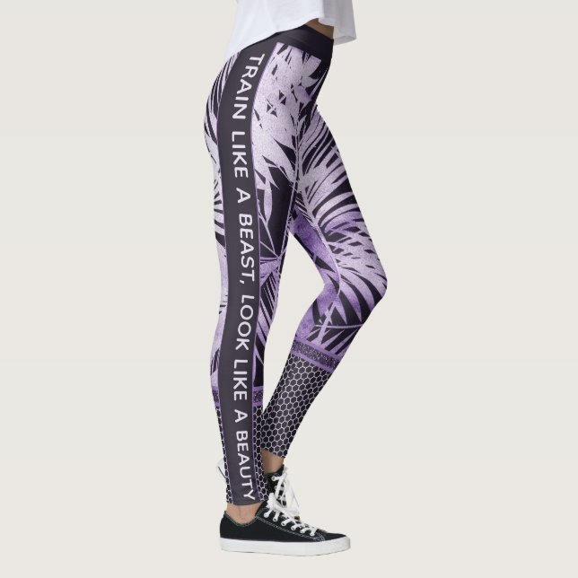 Leggings Hojas tropicales moradas purpurina y cita elegante (Derecha)