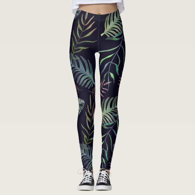 Leggings Hojas tropicales verdes de hojas de palma azul mar (Anverso)