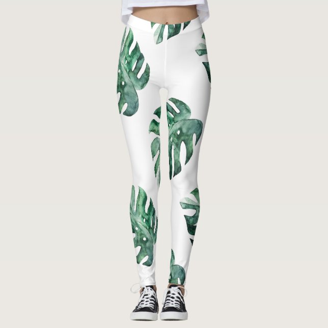 Leggings Hojas tropicales verdes, patrón de acuarela (Anverso)