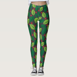 Leggings Hojas verdes, bayas rojas, patrón de hojas