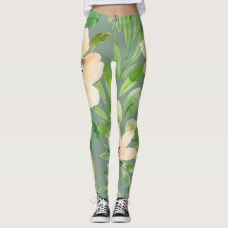 Leggings Hojas verdes, Flores rosas: acuarela.