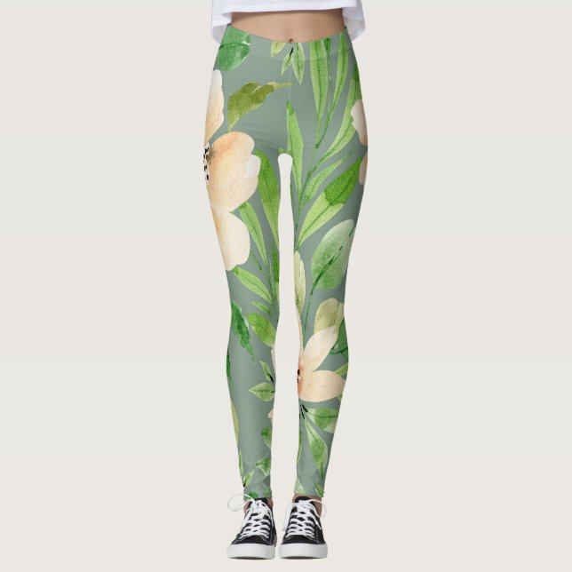 Leggings Hojas verdes, Flores rosas: acuarela. (Anverso)