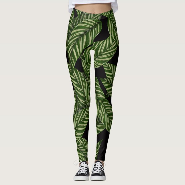 Leggings Hojas verdes tropicales negras (Anverso)