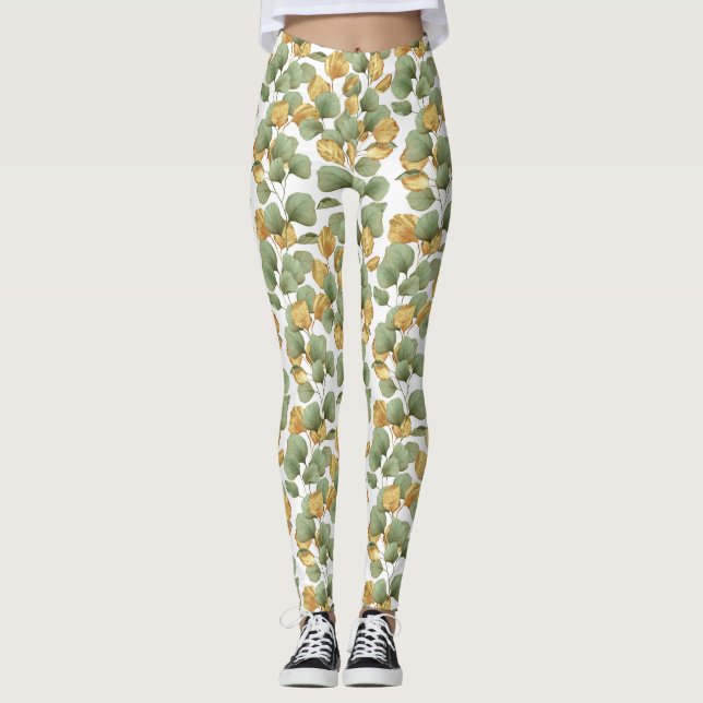 Leggings Hojas verdes y doradas. Diseño (Anverso)