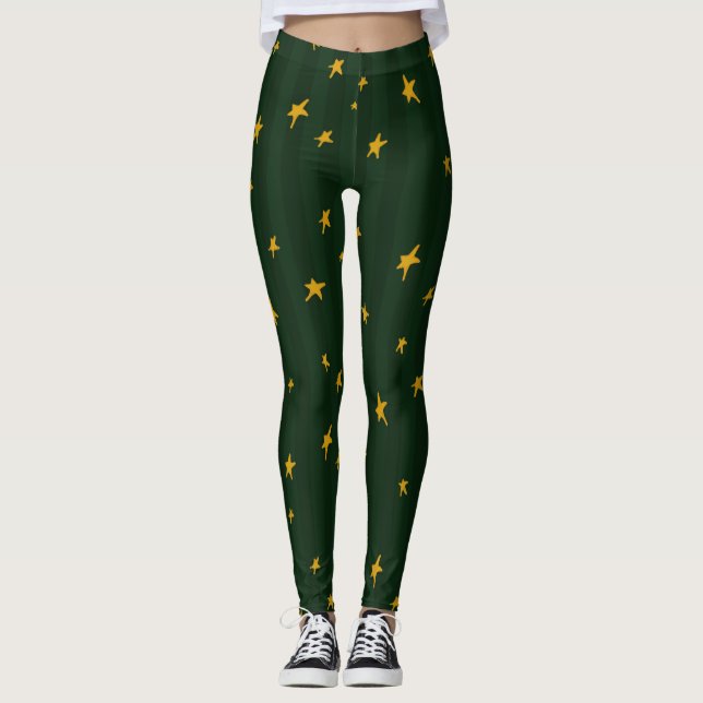 Leggings Holiday Green Yellow Stripe Star Christmas  (Anverso)