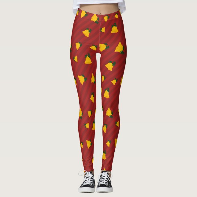 Leggings Holiday Red Gold Stripe Bells Christmas (Anverso)