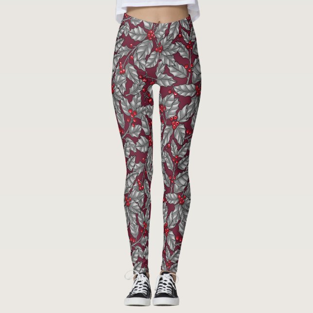 Leggings Holly berry, gray leaves on dark red (Anverso)