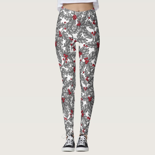 Leggings Holly berry, gray leaves on white (Anverso)