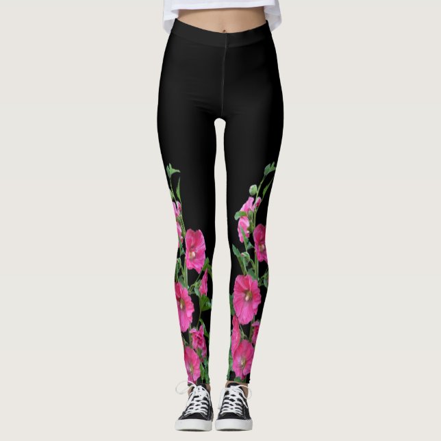 Leggings Hollyhocks rosados sobre negro (Anverso)
