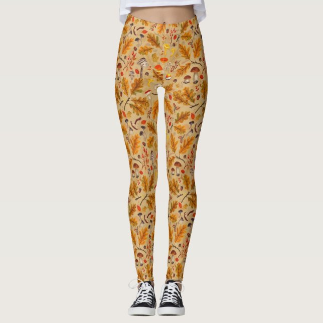 Leggings Hongos forestales y flora otoñal en ocre (Anverso)