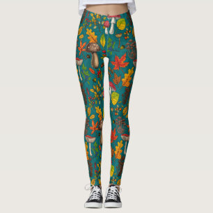 Leggings Hongos, hojas, nueces y bayas otoñales en azul