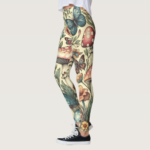 Leggings Hongos vintage, flores, mariposas caprichosas