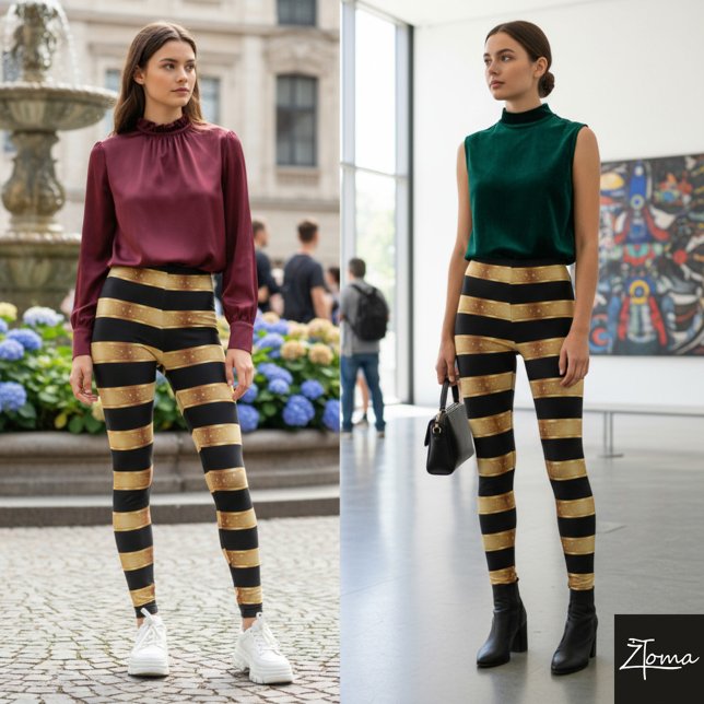 Leggings Horizontal Stripe Black Gold Metallic Glossy (Subido por el creador)