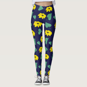 Leggings Huella de hojas de flores amarillas en la marina