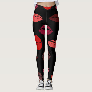 Leggings Huella de labios, besos rosados rojos.
