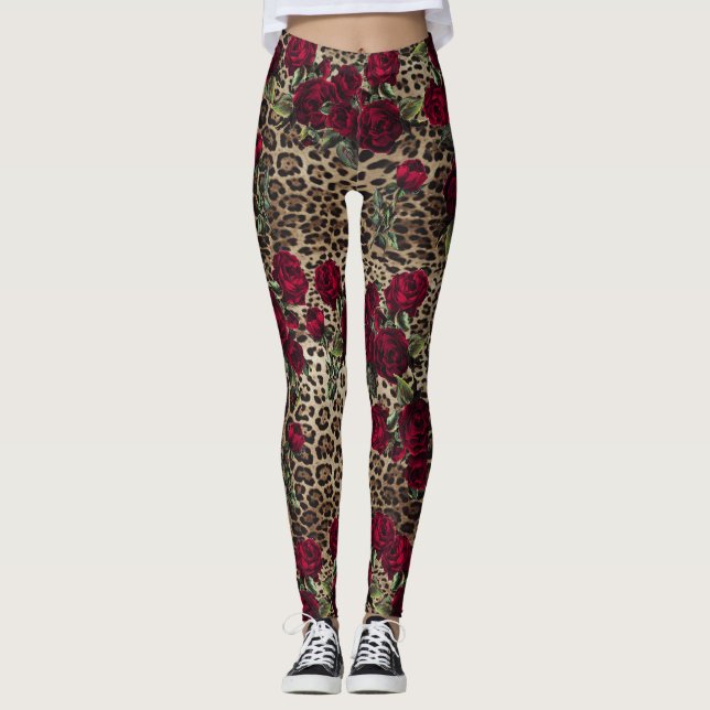 Leggings Huella de leopardo de las rosas rojas (Anverso)