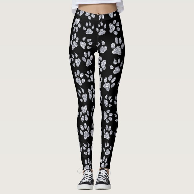 Leggings Huellas de patas de perro plateadas,Negro (Anverso)