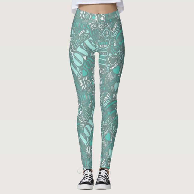 Leggings Hugs and Kisses Word Cloud ID286 Verde azulado (Anverso)