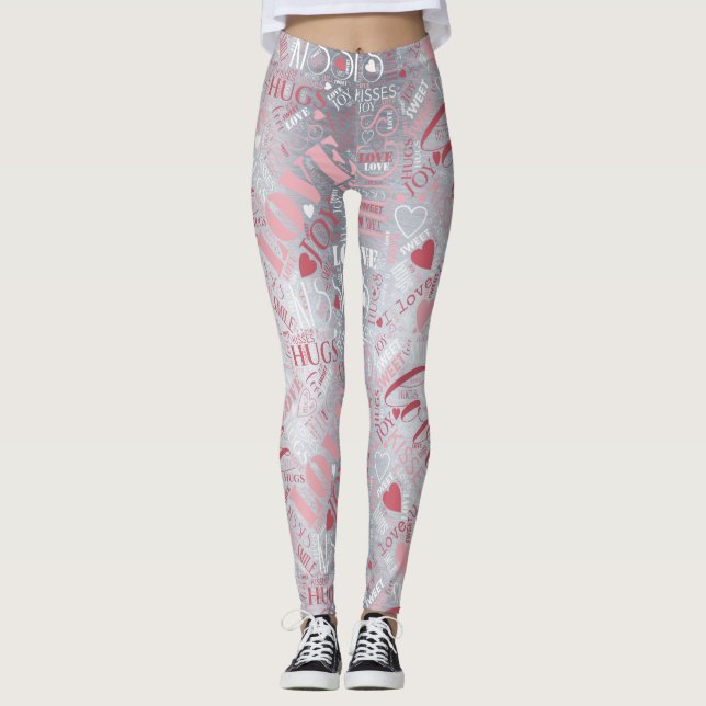 Leggings Hugs and Kisses Word Cloud Pink/Silver ID286 (Anverso)
