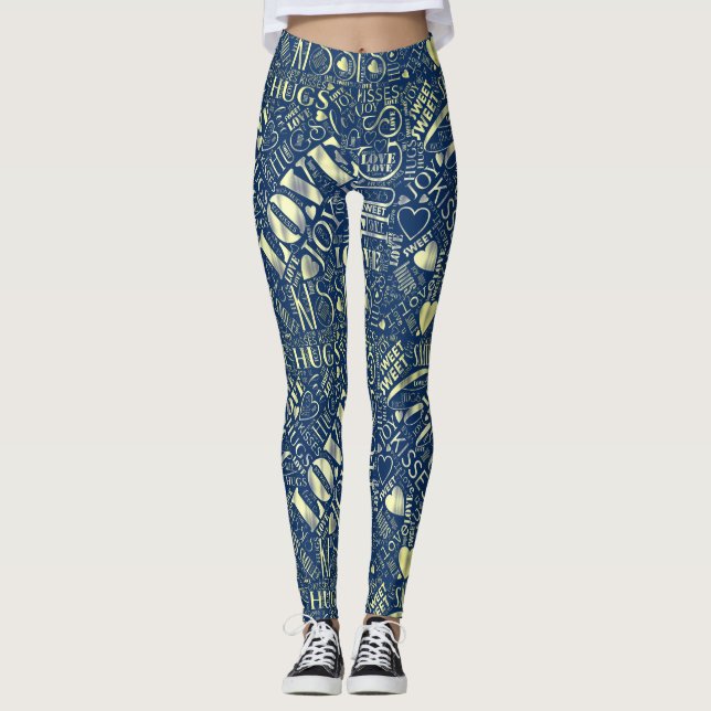 Leggings Hugs and Kisses Word Cloud Retro Blue ID286 (Anverso)