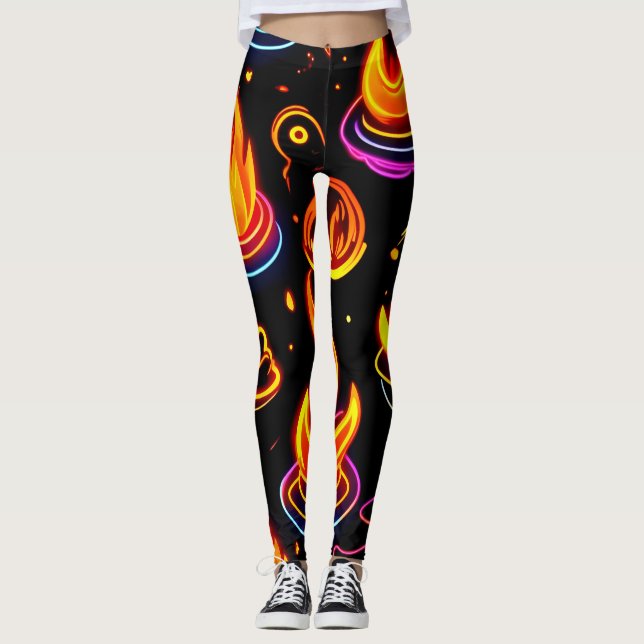 Leggings Iconos de llama brillante en tela oscura (Anverso)