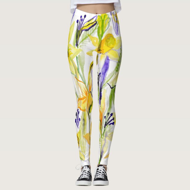 Leggings Ilustracion acuarela de los Daffodils amarillos (Anverso)