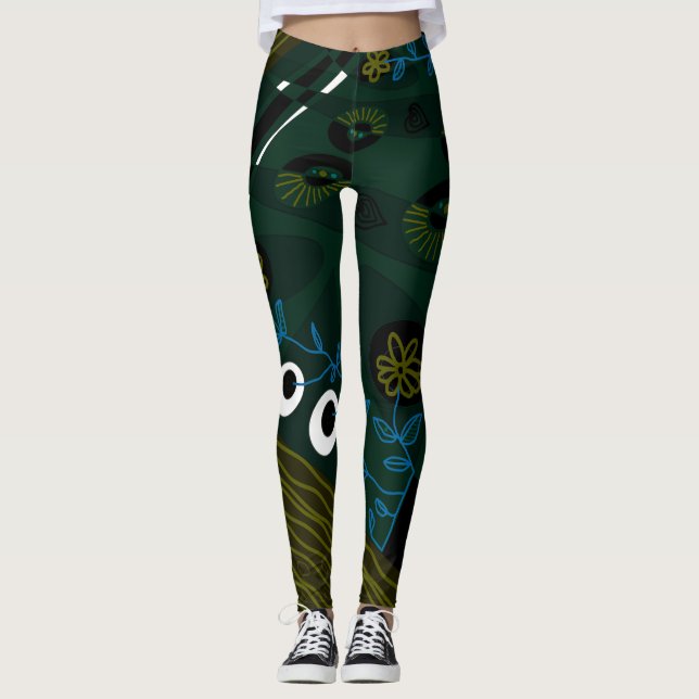 Leggings Ilustracion bohemio Chintz Azul oliva verde (Anverso)
