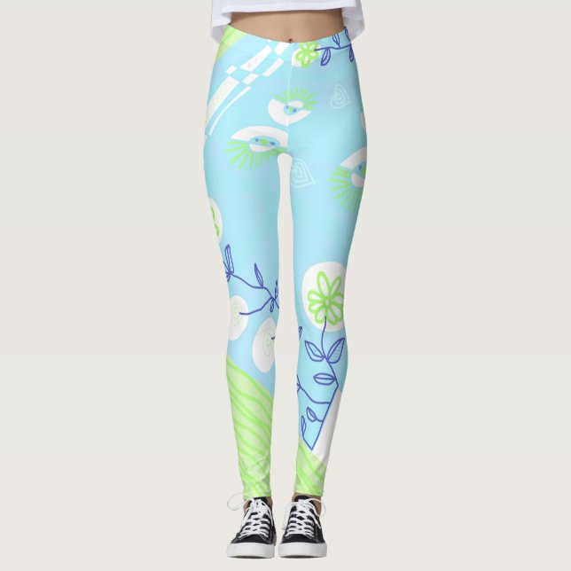 Leggings Ilustracion bohemio Chintz cielo azul verde (Anverso)