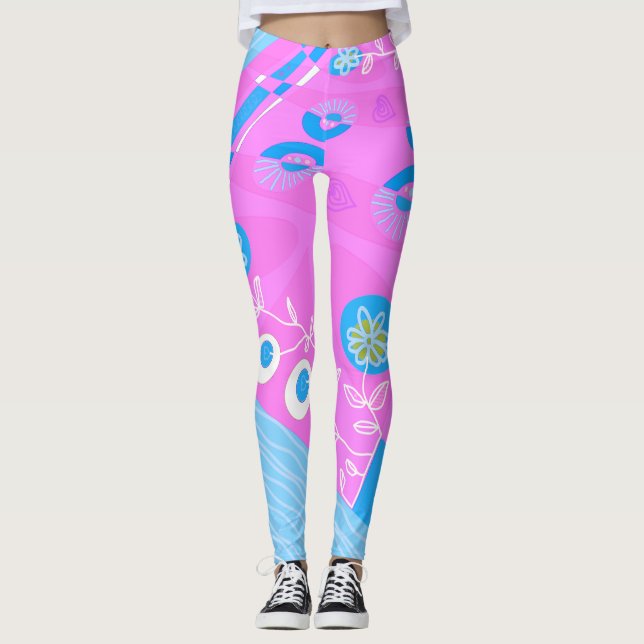 Leggings Ilustracion bohemio Chintz Fuchsia Blanco Azul (Anverso)